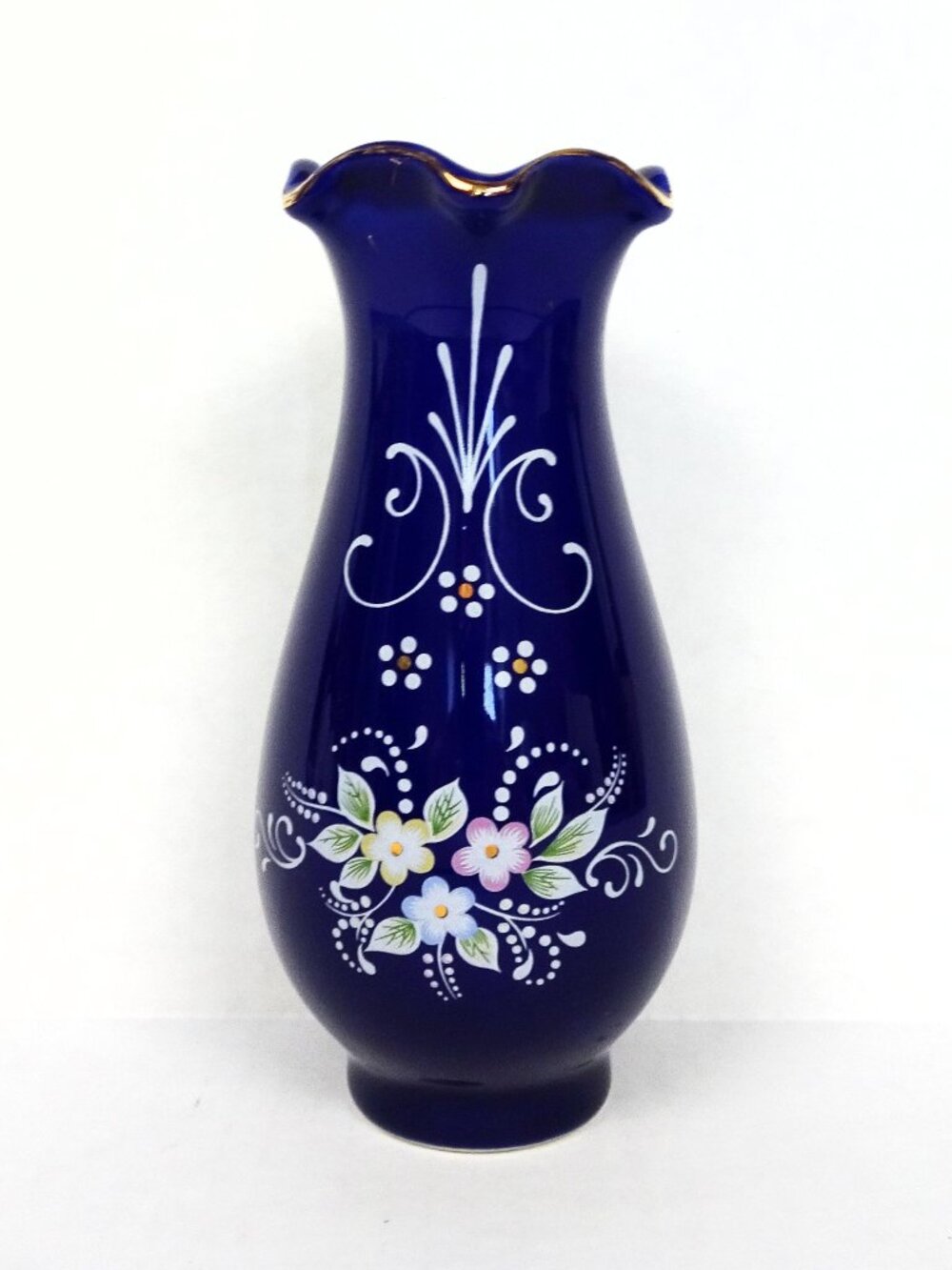 Vintage Bohemian Cobalt Blue Handpainted Vase Opaline Gold Gilt 6” Ruffled Top